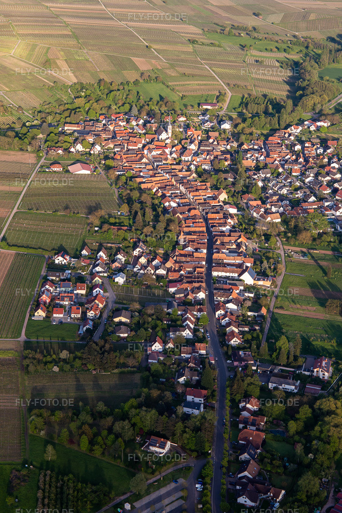 Luftbild: Hauptstraße von Westen am Abend in Göcklingen im Bundesland Rheinland-Pfalz in Deutschland. Foto: IMG_140330.jpg vom 23.04.2024 durch Werner Riehm/FLY-FOTO.de