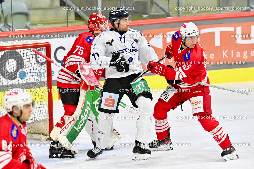 EC KAC Future Team vs. Die Adler Kitzbühl 7.10.2023 | #75 Kropiunig Ralf EC KAC FUTURE TEAM, #11 Hochfilzer Henrik EC Kitzbühel, #65 Malle Michael EC KAC FUTURE TEAM, EC KAC Future Team vs. Die Adler Kitzbühl 7.10.2023, EC KAC Future Team vs. Die Adler Kitzbühl am 07.10.2023 in Klagenfurt (Messehalle Klagenfurt), Austria, (Photo by Bernd Stefan)