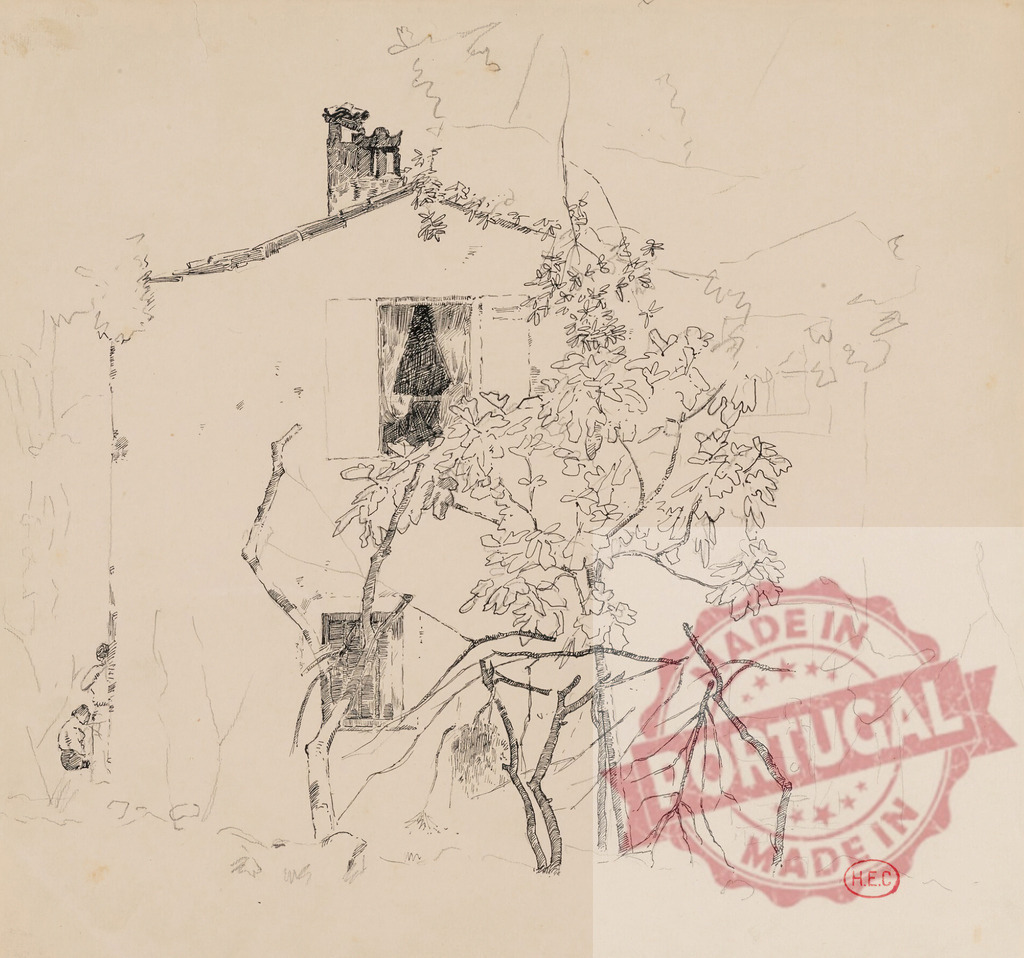 Henri-Edmond Cross pencil drawing charming country house. Henri Edmund Cross | Pencil drawing depicting a traditional country house with gardens and trees - Realized with Pictrs.com