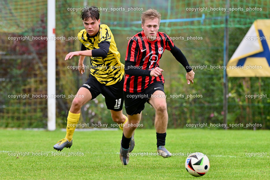 FC Faakersee vs. FC-WR Nussdorf Debant | #8 Dennis Müller FCWR Nussdorf Debant, #19 Felix Maximilian Opriessnig FC Faakersee, FC Faakersee vs. FC-WR Nussdorf Debant, FC Faakersee vs. FC-WR Nussdorf Debant am 28.09.2024 in Finkenstein (Sportplatz Faakersee), Austria, (Photo by Bernd Stefan)