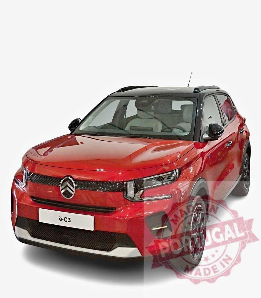 Brand new red Citroën ë-C3 electric car posing on a white background | Shiny red Citroën ë-C3 electric SUV automobile isolated on white background - Realized with Pictrs.com