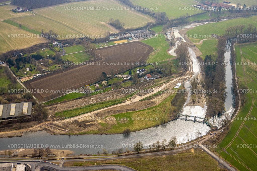 Wickede240307957 | Luftbild, Fluss Ruhr mit Wehr, Obergraben, Wiesen und Felder, landwirtschaftliche Arbeit, Wickede/Ruhr, Nordrhein-Westfalen, Deutschland