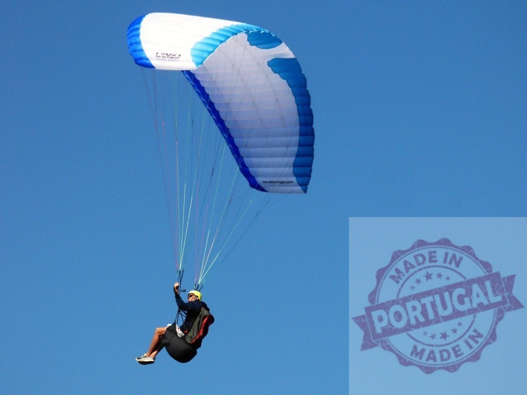 Paraglider flying in clear blue sky, enjoying freedom | Paraglider soaring through a clear blue sky, experiencing adventure and extreme sport - Realized with Pictrs.com