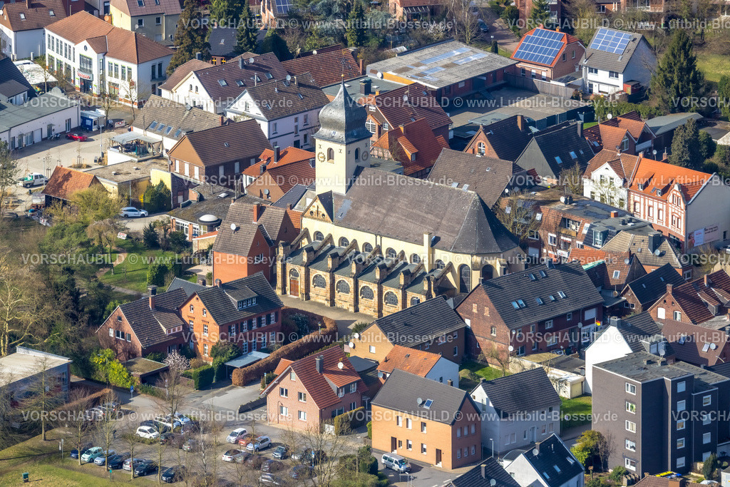 Selm260306858Bork | Luftbild, kath. Pfarrkirche St. Stephanus und Wohngebiet an der Hauptstraße, Bork, Selm, Münsterland, Nordrhein-Westfalen, Deutschland