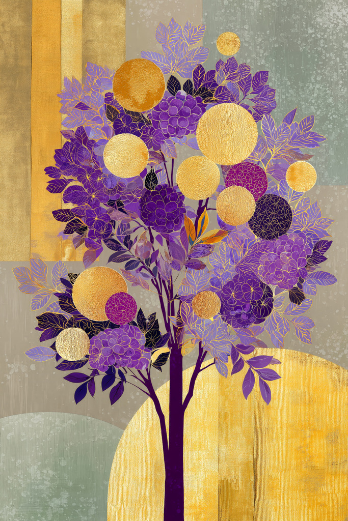 2508006 - Baum in Gold und Violett | Dekoratives Motiv eines abstrakten Baumes mit Blättern in violetten und goldenen Farbtönen.