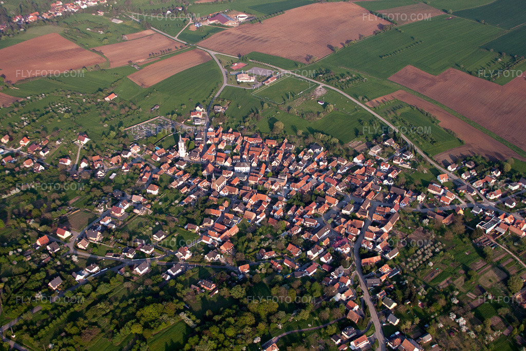 Aerial view: Village view in Gœrsdorf in the state Bas-Rhin, France.Photo: IMG_56831.jpg taken on 05/05/2013 by Werner Riehm/FLY-FOTO.comResolution of the original: 4752 x 3168 px