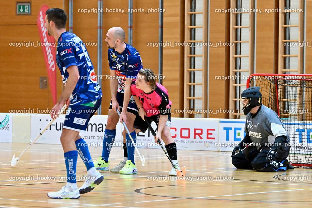 VSV Unihockey vs. Wiener Floorball Verein | #6 Timo Schmid VSV Unihockey, #13 Jan Sláma VSV Unihockey, #14 LAURILA Teo Wiener Floorballverein, #87 Timmo Taurer VSV Unihockey, VSV Unihockey vs. Wiener Floorball Verein, VSV Unihockey vs. Wiener Floorball Verein am 18.05.2025 in Villach (Ballspielhalle St. Martin), Austria, (Photo by Bernd Stefan)