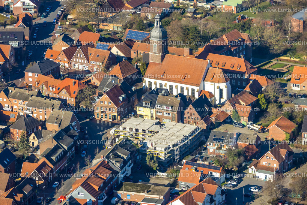 Nordkirchen230206064 | Luftbild, Kath. Kirche St. Mauritius, Baustelle Gebäude an der Schloßstraße Ecke Mühlenstraße, Nordkirchen, Münsterland, Nordrhein-Westfalen, Deutschland