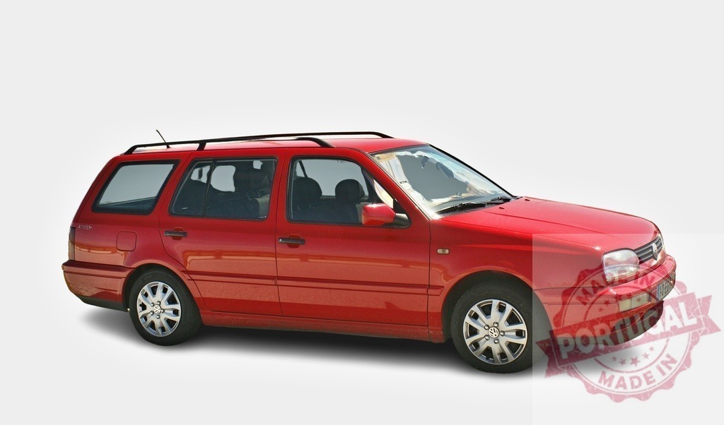 Red Volkswagen Golf Variant showing its side view | Red Volkswagen Golf Variant with roof rack isolated on white background - Realized with Pictrs.com