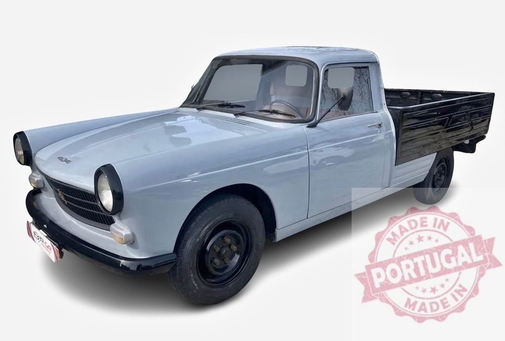 Peugeot 404 pickup truck vintage french automobile grey | Peugeot 404 pickup truck parked on clean white background, a vintage utility vehicle - Realized with Pictrs.com
