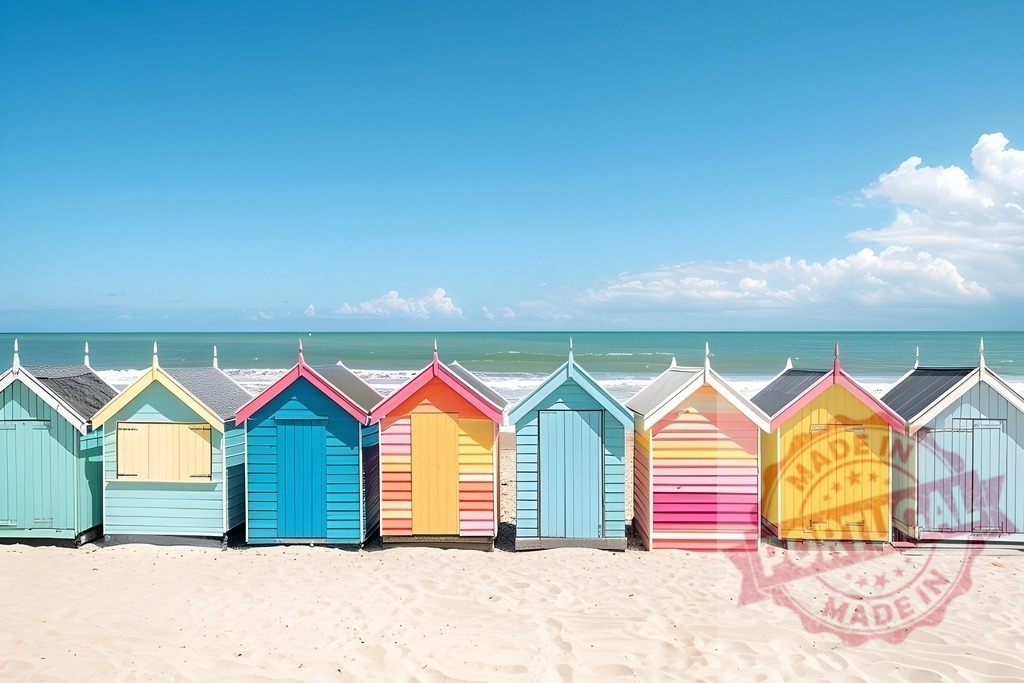 Brighton Bathing Boxes colorful beach huts along coast | Brighton Bathing Boxes lining a sandy beach with blue sky and ocean - Realized with Pictrs.com