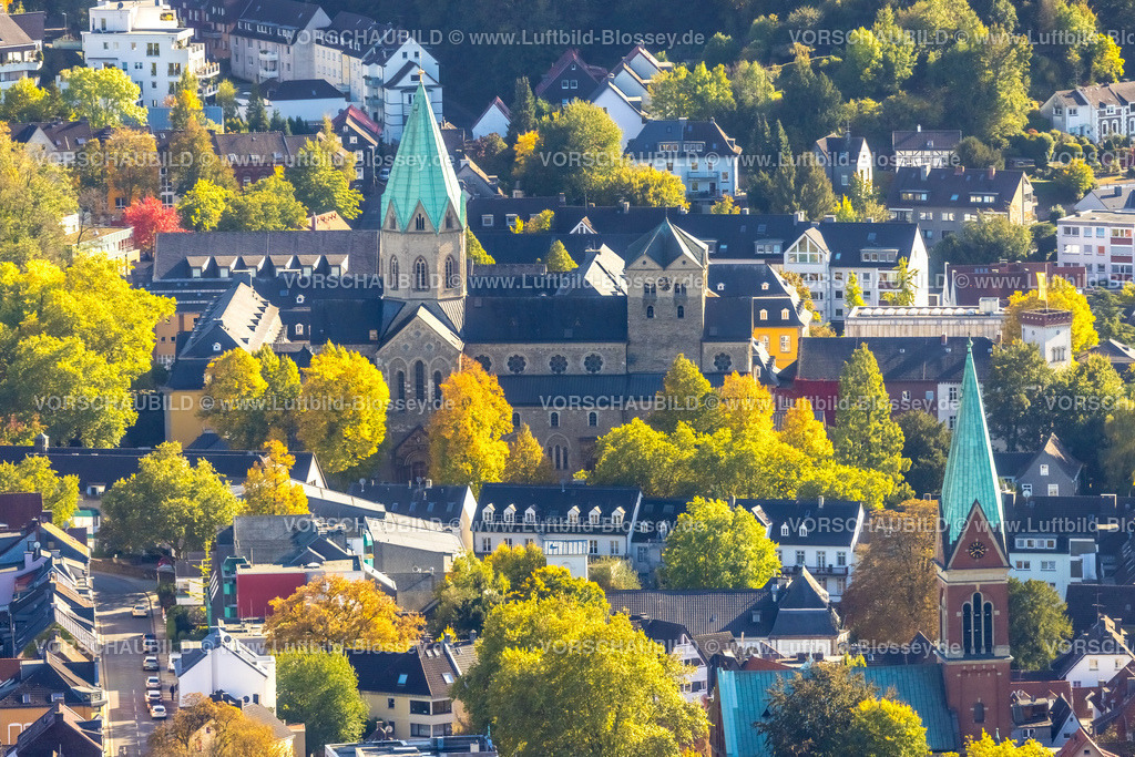 Essen221000250 | Luftbild, Kath. Kirche Basilika St. Ludgerus, evang. Kirche Heckstraße, Werden, Essen, Ruhrgebiet, Nordrhein-Westfalen, Deutschland