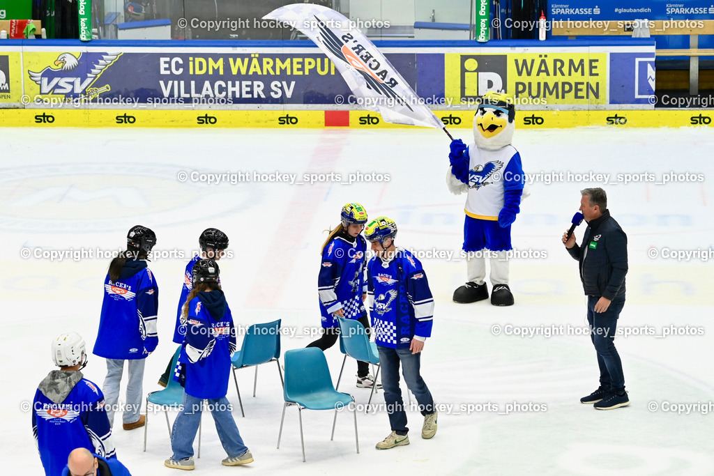EC IDM WÄRMEPUMPEN VSV vs. Steinbach Black Wings Linz | Racers Pausenspiel Reise nach Jerusalem, Maskottchen EC VSV Villi, Hallensprecher EC VSV Gerhard Oberrauner, EC IDM WÄRMEPUMPEN VSV vs. Steinbach Black Wings Linz, EC IDM WÄRMEPUMPEN VSV vs. Steinbach Black Wings Linz am 04.03.2026 in Villach (Stadthalle Villach), Austria, (Photo by Bernd Stefan)