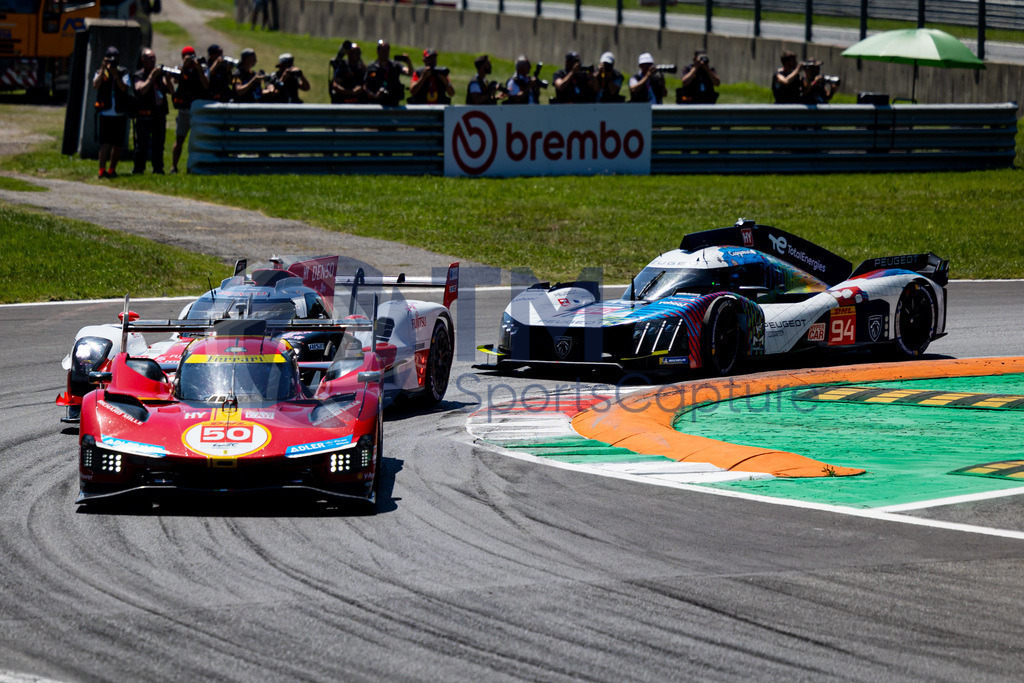 Trainproduction-20230709-0009 | MONZA,ITALY,09.Jul.23 - MOTORSPORTS - WEC, FIA World Endurance Championships, 6h of Monza, Autodromo Monza. Image shows Antonio Fuoco (ITA), Miguel Molina (ESP) and Nicklas Nielsen (DEN/Ferrari AF Corse), Mike Conway (GBR), Kamui Kobayashi (JPN) and Jose Maria Lopez (ARG/ Toyota Gazoo Racing) and Loic Duval (FRA), Gustavo Menezes (USA) and Nico Mueller (SUI/ Peugeot Totalenergies).   Photo: Trainproduction / Matthias Trinkl