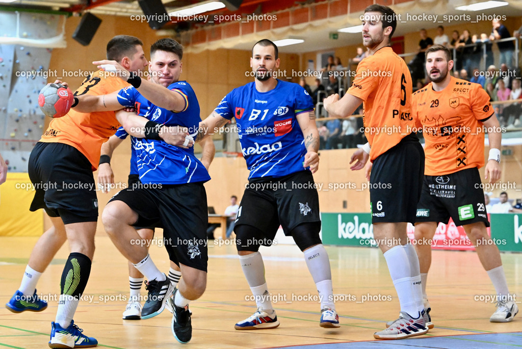 SC Ferlach vs. HSG Holding Graz 23.9.2023 | #23 BELOS Nemanja Holding Graz, #24 JOVANOVIC Mladan SC Ferlach, #81 MILICEVIC Adrian SC Ferlach, #6 PISARIC Djordje Holding Graz, #29 Schweighofer Lukas Holding Graz, SC Ferlach vs. HSG Holding Graz 23.9.2023, SC Ferlach vs. HSG Holding Graz am 23.09.2023 in Bleiburg (Ballspielhalle Ferlach), Austria, (Photo by Bernd Stefan)