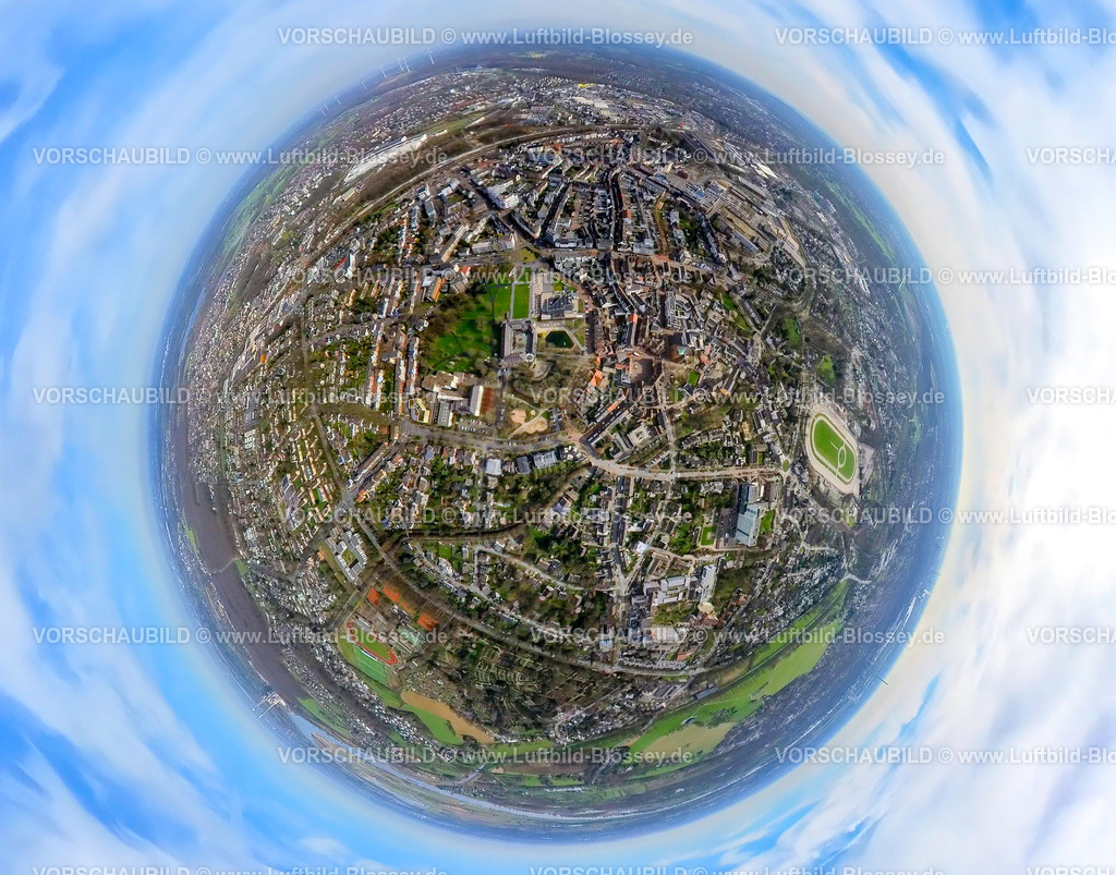 Dinslaken240390004Rathaus | Luftbild, Rathaus am Stadtpark und Ententeich, Theodor-Heuss-Gymnasium, Kathrin-Türks-Halle Theater, Erdkugel, Fisheye Aufnahme, Fischaugen Aufnahme, 360 Grad Aufnahme, tiny world, little planet, fisheye Bild, Dinslaken, Niederrhein, Nordrhein-Westfalen, Deutschland
