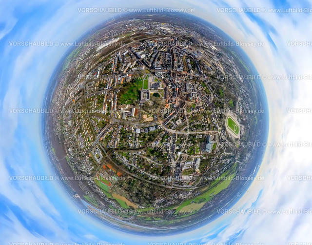 Dinslaken240390004Rathaus | Luftbild, Rathaus am Stadtpark und Ententeich, Theodor-Heuss-Gymnasium, Kathrin-Türks-Halle Theater, Erdkugel, Fisheye Aufnahme, Fischaugen Aufnahme, 360 Grad Aufnahme, tiny world, little planet, fisheye Bild, Dinslaken, Niederrhein, Nordrhein-Westfalen, Deutschland