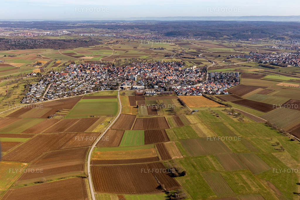 Luftbild: Ortsansicht von Westen im Ortsteil Oberjesingen in Herrenberg im Bundesland Baden-Württemberg in Deutschland. Foto: IMG_124807.jpg vom 20.02.2021 durch Werner Riehm/FLY-FOTO.de