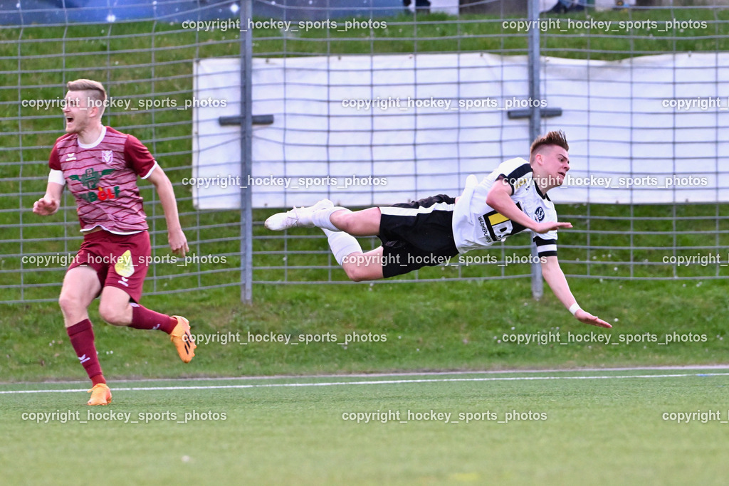 SV Spittal vs. VST Völkermarkt 5.4.2024 | #17 Daniel Ulrich Primusch VST Völkermarkt, #7 Ralph Roman Scheer SV Spittal, Flugeinlage, SV Spittal vs. VST Völkermarkt 5.4.2024, SV Spittal vs. VST Völkermarkt am 05.04.2024 in Spittal an der Drau (Goldeck Stadion), Austria, (Photo by Bernd Stefan)