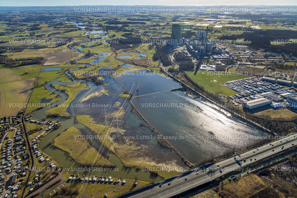 Hamm240105165 | Luftbild der überschwemmten Lippewiesen in Schmehausen, Schmehauser Mersch, mit Campingplatz, Lippe Fluß, Hochwasser, Uentrop, Hamm, Ruhrgebiet, Nordrhein-Westfalen, Deutschland