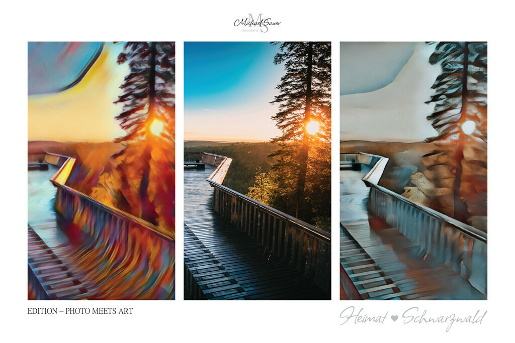 Edition “PHOTO MEETS ART” | Die Edition “PHOTO MEETS ART” ist eine außergewöhnliche Schwarzwald-Bildergalerie für alle Kunstliebhaber. Bei diesen Werken handelt es sich um exklusive Digitalkunst, bei denen mittels künstlicher Intelligenz neue Visualisierungen erschaffen wurden. Das Ergebnis ist eine 3er-Bild-Collage mit der realen Fotografie im Zentrum, flankiert von zwei unterschiedlichen Kunststilen. Natürlich ausschließlich mit Bildern aus dem Schwarzwald! - Realisiert mit Pictrs.com
