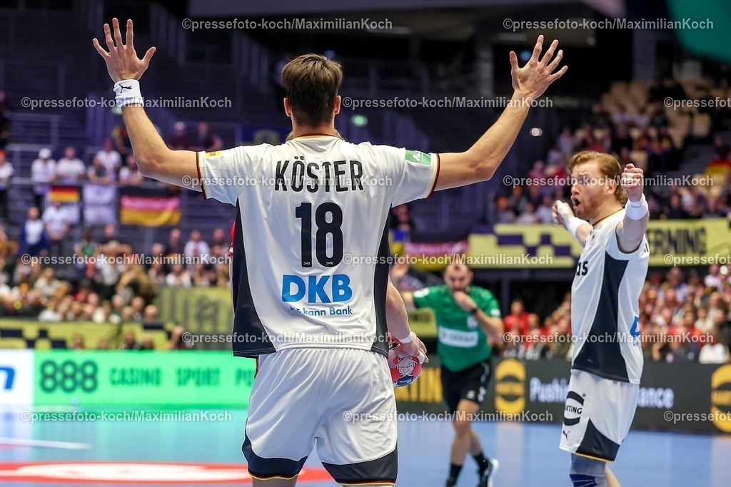 EHF15012602020 | 15.01.2026, Handball, Men's EHF EURO 2026, Deutschland - Östereich, Jyske Bank Boxen in Herning, Dänemark, Preliminary Round:  Julian Köster (Germany #18) jubelnd 