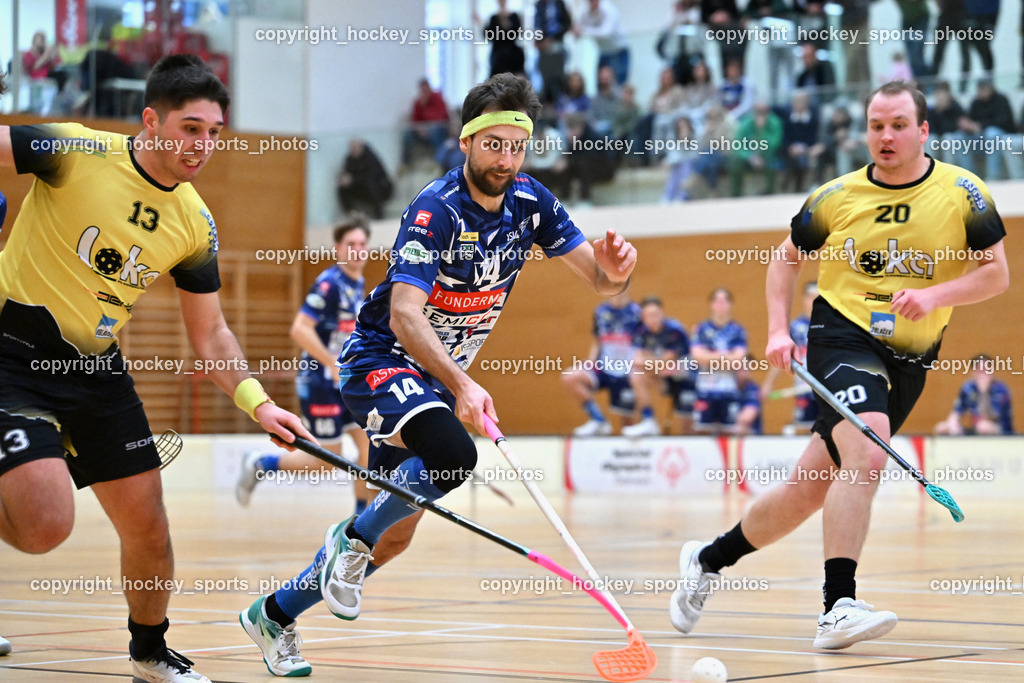 VSV Unihockey  vs. FBK Loka  | #13 Blaž Tomc FBK Loka, #14 Michael Klemm VSV Unihockey, #20 Luka Podobnik FBK Loka, VSV Unihockey  vs. FBK Loka , VSV Unihockey  vs. FBK Loka  am 25.01.2026 in Villach (Ballspielhalle St. Martin), Austria, (Photo by Bernd Stefan)