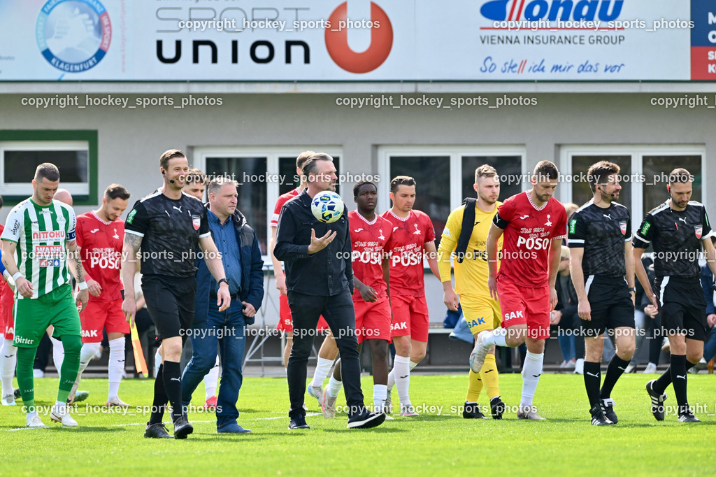 Donau Klagenfurt vs. SAK | #99 Arian Rener SAK, #22 Leo Ejup SAK, #14 Andre Le Prince Chedjou Fonkou SAK, #24 Zoran Vukovic SV Donau,  Jasmin Muratovic Referee, Jürgen Hartenberger Referee, Stephan Orel Referee, SV Donau Klagenfurt vs. SAK, SV Donau Klagenfurt vs. SAK am 11.04.2026 in Klagenfurt (Sportplat Donau ), Austria, (Photo by Bernd Stefan)