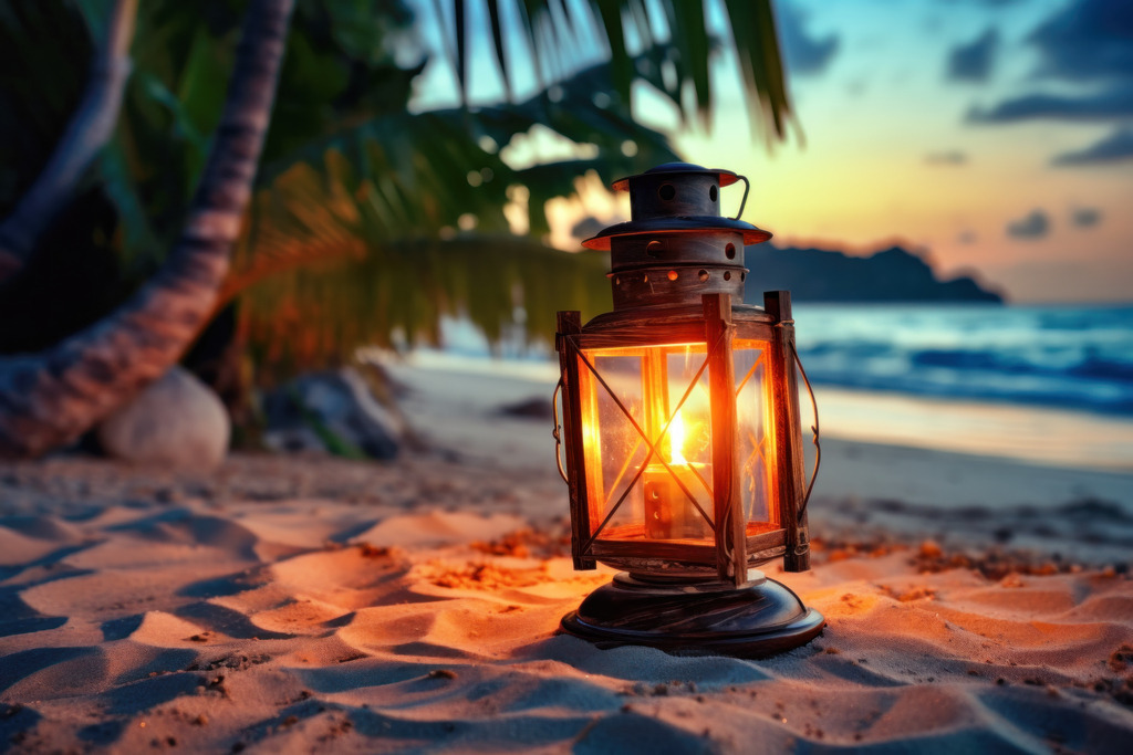 2308038 - Laterne am Strand | Wunderschöne Lichtstimmung an einem Karibikstrand, ein digital erstelltes Motiv. Bestellen Sie dieses Motiv als hochwertigen Kunstdruck auf Leinwand, Acrylglas, Dibond oder als Poster.
