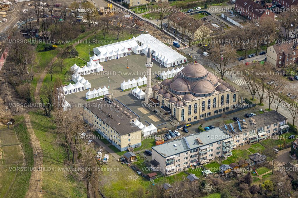 Duisburg230301322 | Luftbild, DITIB Zentralmoschee Duisburg-Marxloh, Ramadan Zeltstadt Warbruckstraße, Marxloh, Duisburg, Ruhrgebiet, Nordrhein-Westfalen, Deutschland