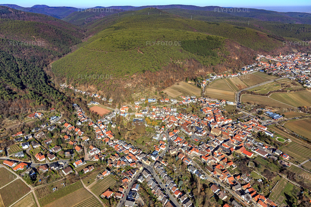 Luftbild: Weingartenweg aus Südosten im Ortsteil Gimmeldingen in Neustadt im Bundesland Rheinland-Pfalz in Deutschland. Foto: IMG_112778.jpg vom 27.02.2019 durch Werner Riehm/FLY-FOTO.de