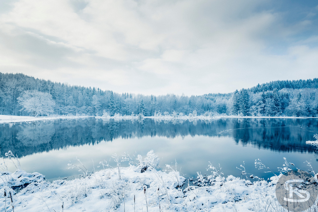 Winterstille am See – Verschneites Ufer mit Waldspiegelung | Ruhige Winterszene an einem stillen See mit verschneitem Ufer im Vordergrund. Der schneebedeckte Nadelwald am gegenüberliegenden Ufer spiegelt sich perfekt im glatten Wasser. Gefrorene Gräser und Schnee am Ufer bilden einen natürlichen Rahmen für diese friedliche Landschaft unter weichem Winterhimmel. - Realisiert mit Pictrs.com