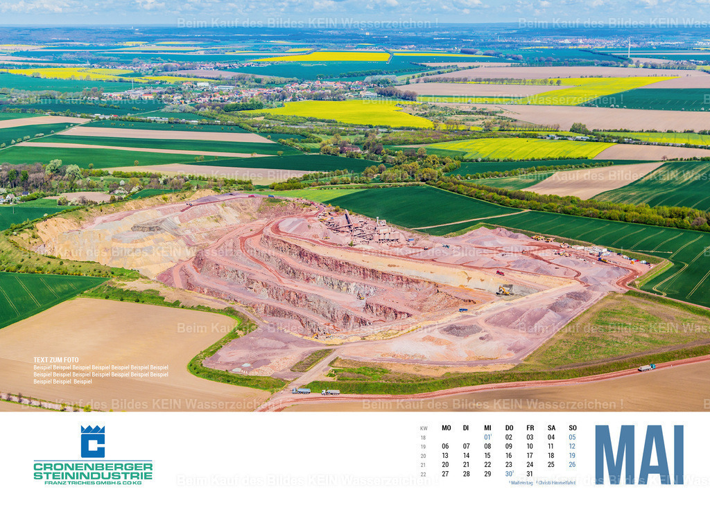 Luftbild Kalender Magdeburg Sachsen Anhalt Steinindustrie | Der Luftbildkalender Magdeburg oder Sachsen-Anhalt 2027 präsentiert die schönsten Städte, Landschaften, Sehenswürdigkeiten und Wahrzeichen des Bundeslandes aus einer außergewöhnlichen Perspektive. Die hochwertigen Luftaufnahmen zeigen bekannte Bauwerke, historische Altstädte, Burgen, Schlösser, Flusslandschaften, Industrieanlagen und Naturdenkmäler aus der Vogelperspektive. Alle Motive stammen aus dem umfangreichen Luftbildarchiv des Luftbildfotografen Steffen Lehmann und dokumentieren die Vielfalt Sachsen-Anhalts auf eindrucksvolle Weise.
Der Kalender eignet sich besonders für Unternehmen, Kommunen, Landkreise, Verbände und Institutionen, die ihren Kunden, Geschäftspartnern oder Mitarbeitern ein hochwertiges und regionales Präsent überreichen möchten. Auf Wunsch wird der Kalender individuell mit Firmenlogo, Stadtwappen, Grußwort oder Kontaktdaten gestaltet und damit zu einem ganz persönlichen Werbeträger mit langfristiger Wirkung.
Durch die Kombination aus professioneller Luftbildfotografie, regionalem Bezug und individueller Gestaltung entsteht ein exklusiver Jahreskalender, der die Schönheit Sachsen-Anhalts eindrucksvoll präsentiert. Ob im Büro, Konferenzraum, Empfangsbereich oder Zuhause – der Luftbildkalender Sachsen-Anhalt ist ein hochwertiger Blickfang und ein sympathischer Botschafter für die Region. - Realisiert mit Pictrs.com