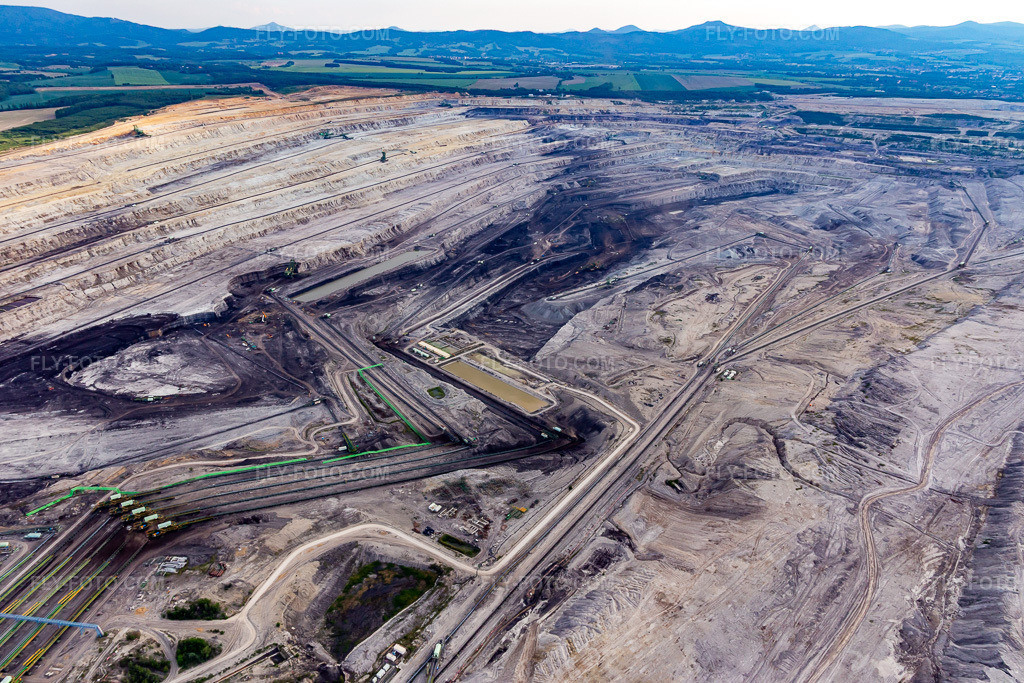 Aerial view: Conveyor belts in the opencast brown coal mine 