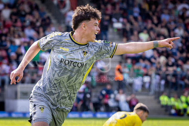 German 3rd Division, Viktoria Koeln vs. Alemannia Aachen, 10.05.2026 | KOELN, GERMANY - MAY 10, 2026: Faton Ademi (Alemannia Aachen, 36) celebrates scoring his team's first goal with teammates during the 3rd division match on gameday 37 between Viktoria Koeln vs. Alemannia Aachen at the Sportpark Hoehenberg on May 10, 2026 in Koeln, Germany. DFL REGULATIONS PROHIBIT ANY USE OF PHOTOGRAPHS AS IMAGE SEQUENCES AND/OR QUASI-VIDEO.