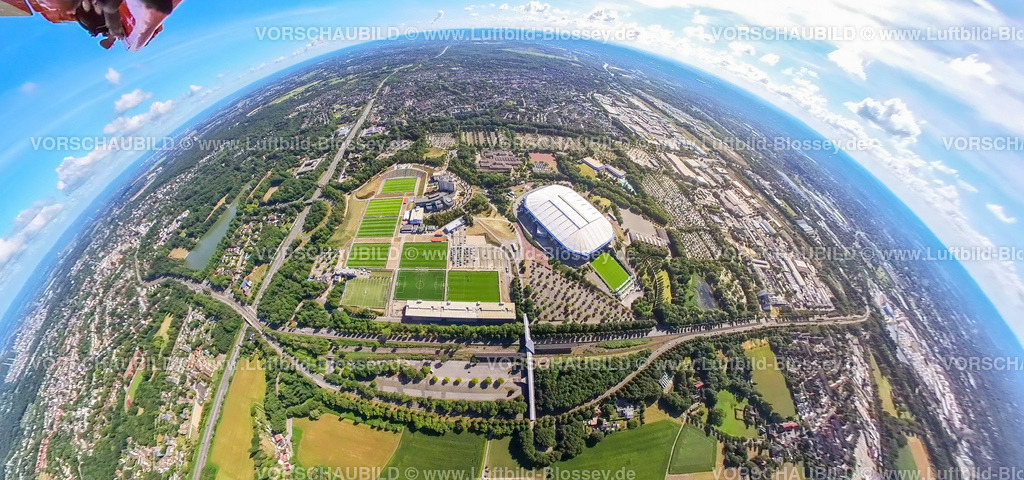 Gelsenkirchen20220806_AufSchalkeDimona10-2-110 | Luftbild, VELTINS-Arena, Bundesligastadion des Fußballvereins FC Schalke 04, Fisheye Aufnahme, Fischaugen Aufnahme, 360 Grad Aufnahme, Erle, Gelsenkirchen, Ruhrgebiet, Nordrhein-Westfalen, Deutschland