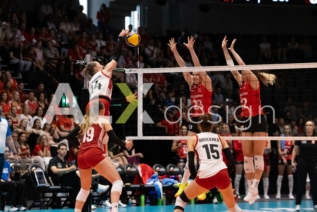 Austria v Switzerland - CEV European League Women | KRIENS, SWITZERLAND - JUNE 14: KORA MARINA SCHABERL of Austria attack / spike against MERET AARDEN and FABIANA BRANCA of Switzerland double block during the CEV European League match between Austria and Switzerland at Pilatus Arena on June 14, 2026 in Kriens, Switzerland. - Realisiert mit Pictrs.com