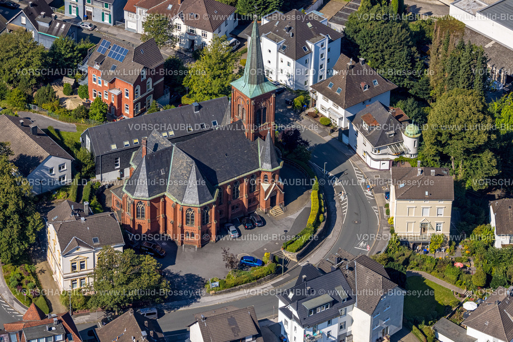 Ennepetal240814218 | Luftbild, evang. Kirche Milspe im Wohngebiet Kirchstraße, Milspe, Ennepetal, Ruhrgebiet, Nordrhein-Westfalen, Deutschland