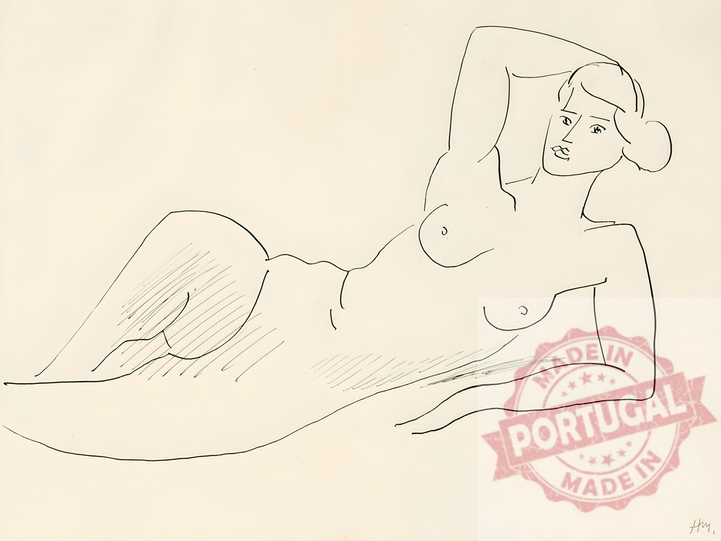 Minimalist ink line drawing of reclining nude woman. Henri Matisse | Elegant modernist line art depicting a reclining nude woman in a relaxed pose - Realisiert mit Pictrs.com
