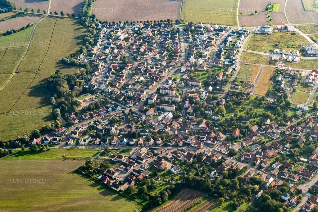 Vue aérienne: Vue de la ville depuis le nord à Gambsheim dans le département Bas Rhin, France.Photo: P1000976.jpg prise le 15/09/2014 par Werner Riehm/FLY-FOTO.euRésolution de l'original: 5041 x 3361 px