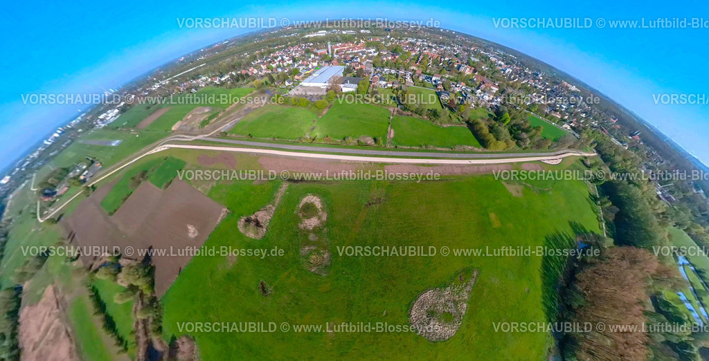 Hamm230490801HeessenDeich | Luftbild, Neuer Deich im Erlebensraum, Erdkugel, Fisheye Aufnahme, Fischaugen Aufnahme, 360 Grad Aufnahme, Stadtbezirk Heessen, Hamm, Ruhrgebiet, Nordrhein-Westfalen, Deutschland