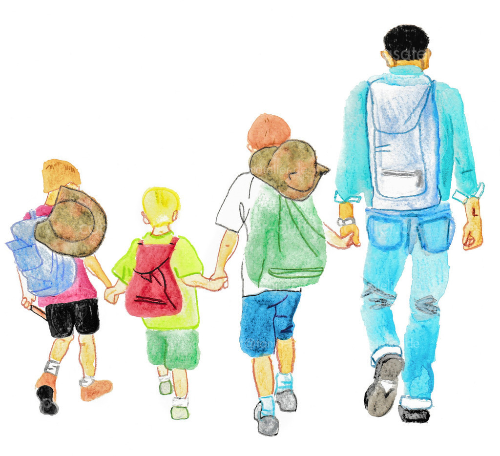 Wandernde Jungs und Mann D | Echtes Aquarell zeigt einen Vater, der mit seinen drei Söhnen wandert. Alle tragen Rucksäcke und manche haben für einen Sonnenschutz einen Hut dabei. Weißer Hintergrund. 