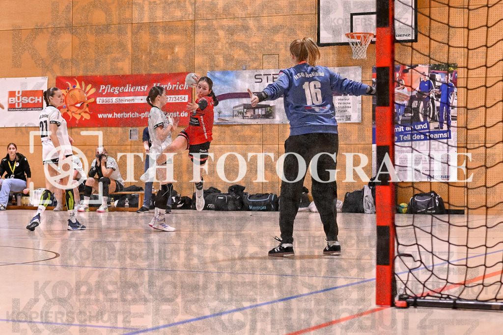 GER, SG Maulburg/Steinen - HSG Dreiland, Frauen-Handball, Oberliga Suedbaden, 3. Spieltag, Saison 2024/2025, 12.10.2024 | Davina Schmidt (SG Maulburg/Steinen, #17) springt und wirft den Ball Richtung Tor von Anke Baechtold (HSG Dreiland, #16)GER, SG Maulburg/Steinen - HSG Dreiland, Frauen-Handball, Oberliga Suedbaden, 3. Spieltag, Saison 2024/2025, 12.10.2024Foto: TH Fotografie/Thomas Hess