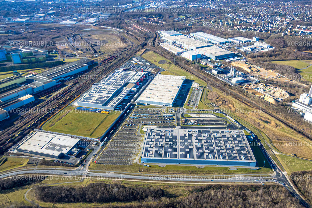 Dortmund260200138 | Luftbild, Gewerbegebiet mit Tesla Delivery Hub Dortmund Innenstadt-Nord, Kaufland Logistik und Bergisch Westerwälder Hartsteinwerke, Logistikzentrum Rewe und Logistikzentrum Amazon, Walzwerkstraße, Borsigplatz, Dortmund, Ruhrgebiet, Nordrhein-Westfalen, Deutschland