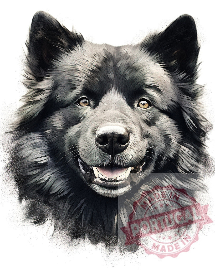 Black fluffy dog smiling portrait artwork | Professional artful dog portraits Black dog head smiling, looking into camera, isolated white background - Realisiert mit Pictrs.com