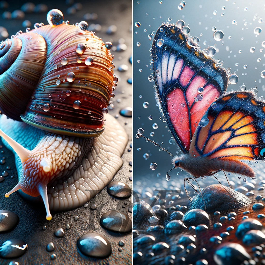 DALL_E 2023-10-05 18.51.24 - Vivid and lifelike representation of a snail on a wet surface with water droplets_ and a butterfly with intricately detailed wings_ all rendered in a  | psy4fly - Realisiert mit Pictrs.com
