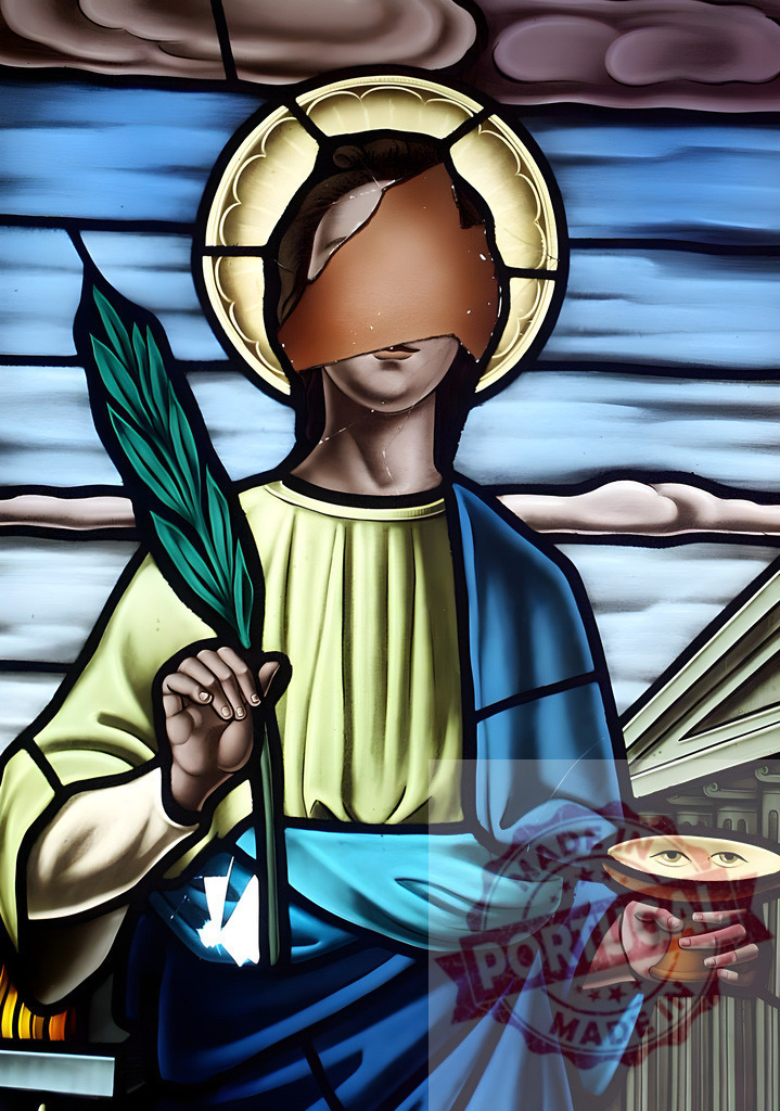 Saint Lucy damaged stained glass window depicting martyrdom. Galicia - Spain | Saint Lucy, a Christian martyr, with a palm frond and her symbolic eyes on a plate - Realized with Pictrs.com