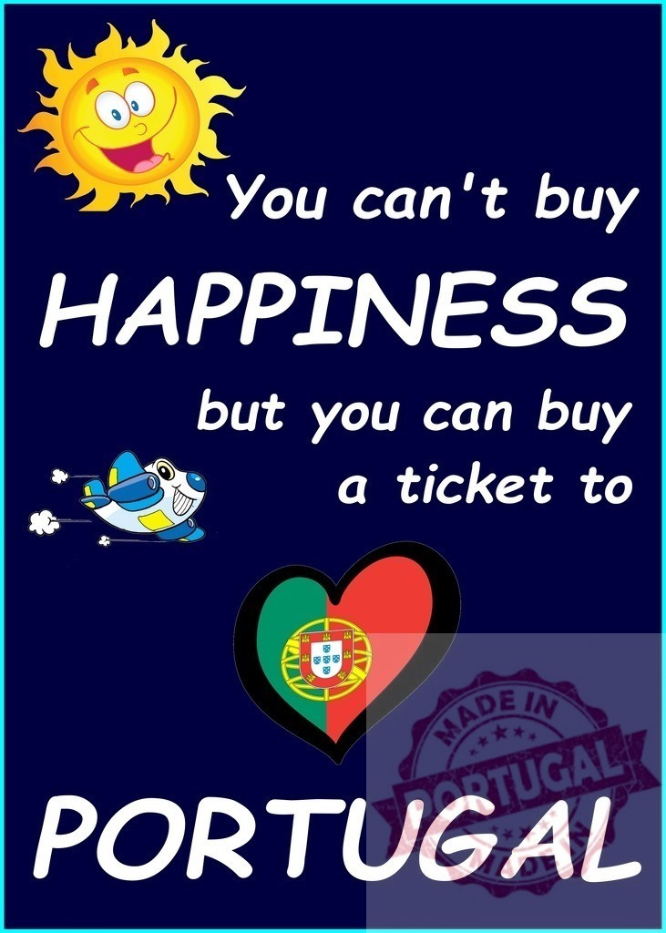 Portugal travel quote finding happiness with a ticket | Cartoon sun and airplane with a heart-shaped Portuguese flag and a travel happiness quote - Realisiert mit Pictrs.com
