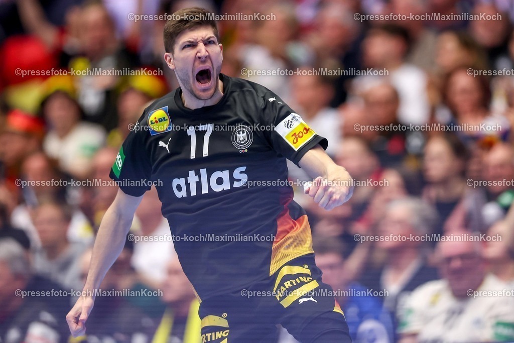 EHF19012602129 | 19.01.2026, Handball, Men's EHF EURO 2026, Deutschland - Spanien, Jyske Bank Boxen in Herning, Dänemark, Preliminary Round:  Lukas Zerbe (Germany #17) jubelnd