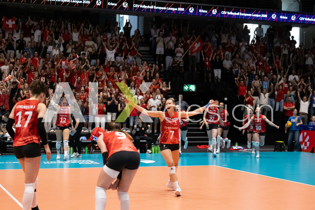 Austria v Switzerland - CEV European League Women | KRIENS, SWITZERLAND - JUNE 14: MÉLINE PIERRET of Switzerland celebrating during the CEV European League match between Austria and Switzerland at Pilatus Arena on June 14, 2026 in Kriens, Switzerland. - Realisiert mit Pictrs.com